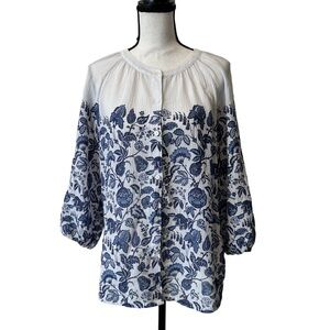 Tommy Bahama Blue Floral Blouse Size Large 100% Cotton